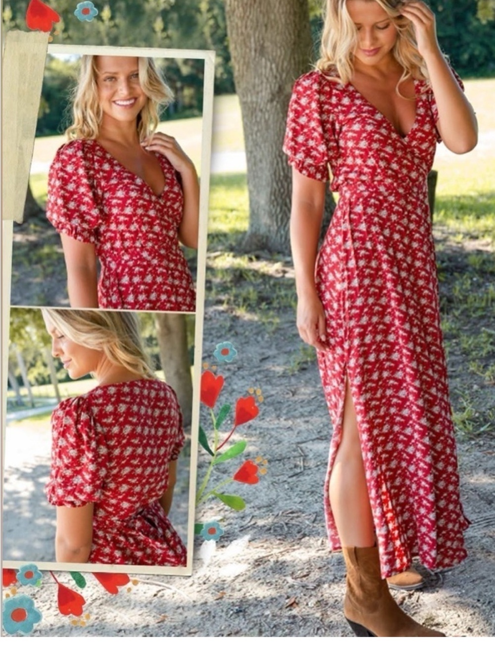 NATURAL LIFE Sophia Floral Wrap Maxi Dress with Puff Sleeves and Side Slit